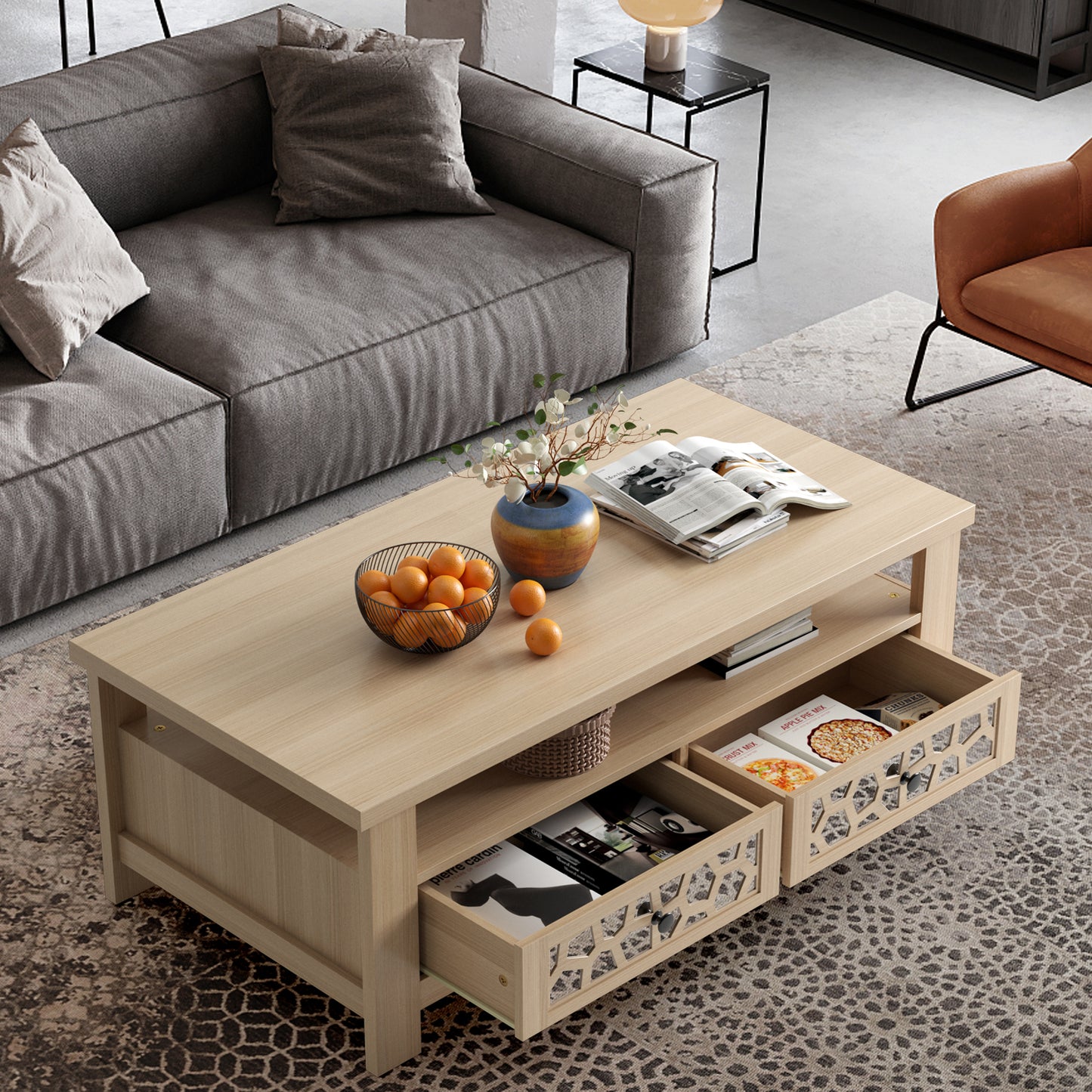 Wooden Coffee Table with 3 Levels, 2 Storage Drawers, and 5 Support Legs - Natural