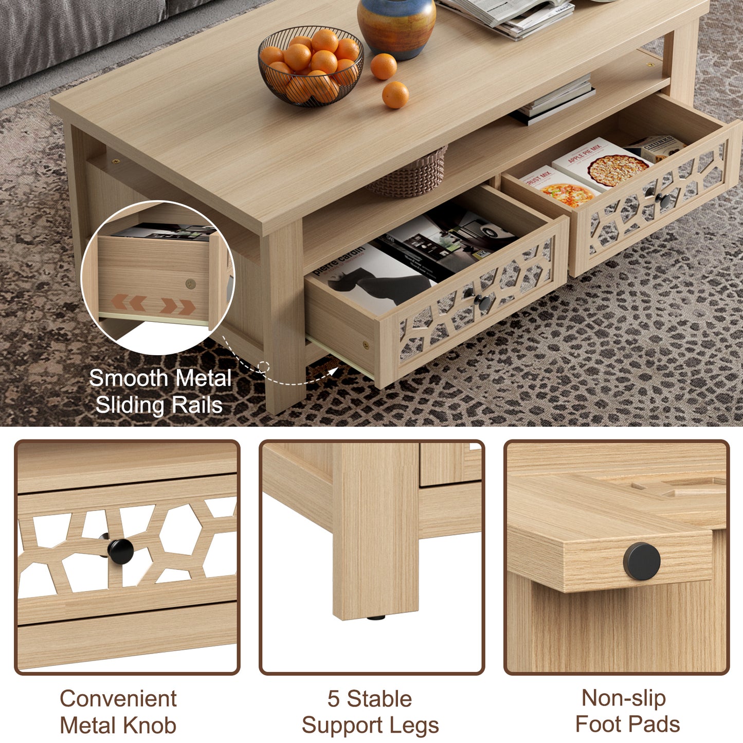 Wooden Coffee Table with 3 Levels, 2 Storage Drawers, and 5 Support Legs - Natural