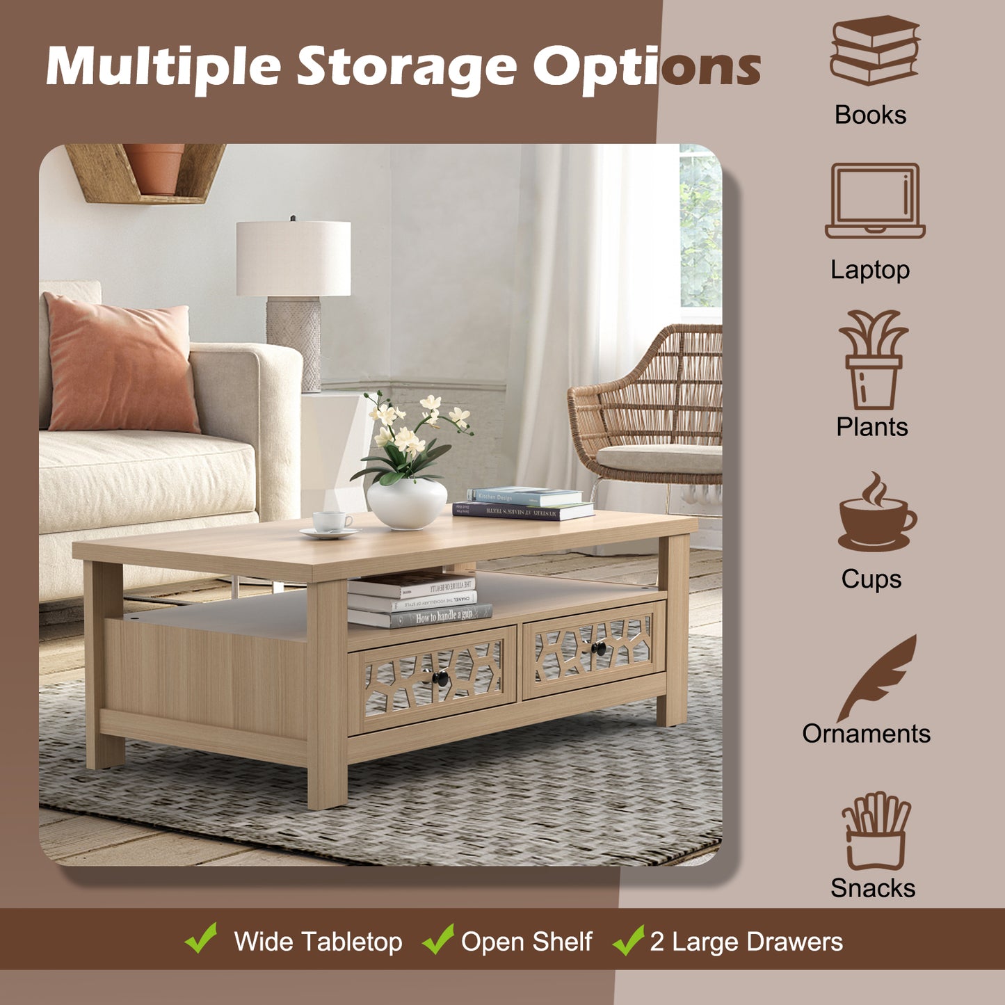 Wooden Coffee Table with 3 Levels, 2 Storage Drawers, and 5 Support Legs - Natural
