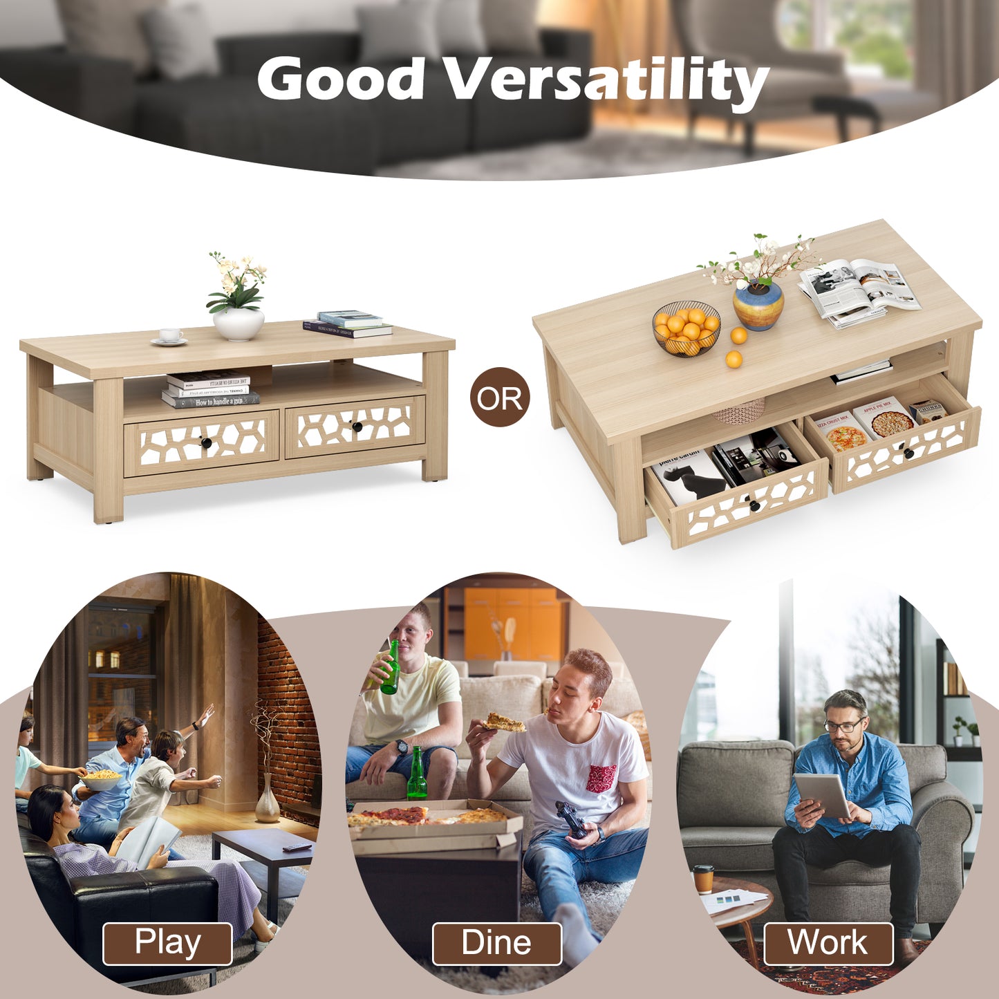 Wooden Coffee Table with 3 Levels, 2 Storage Drawers, and 5 Support Legs - Natural