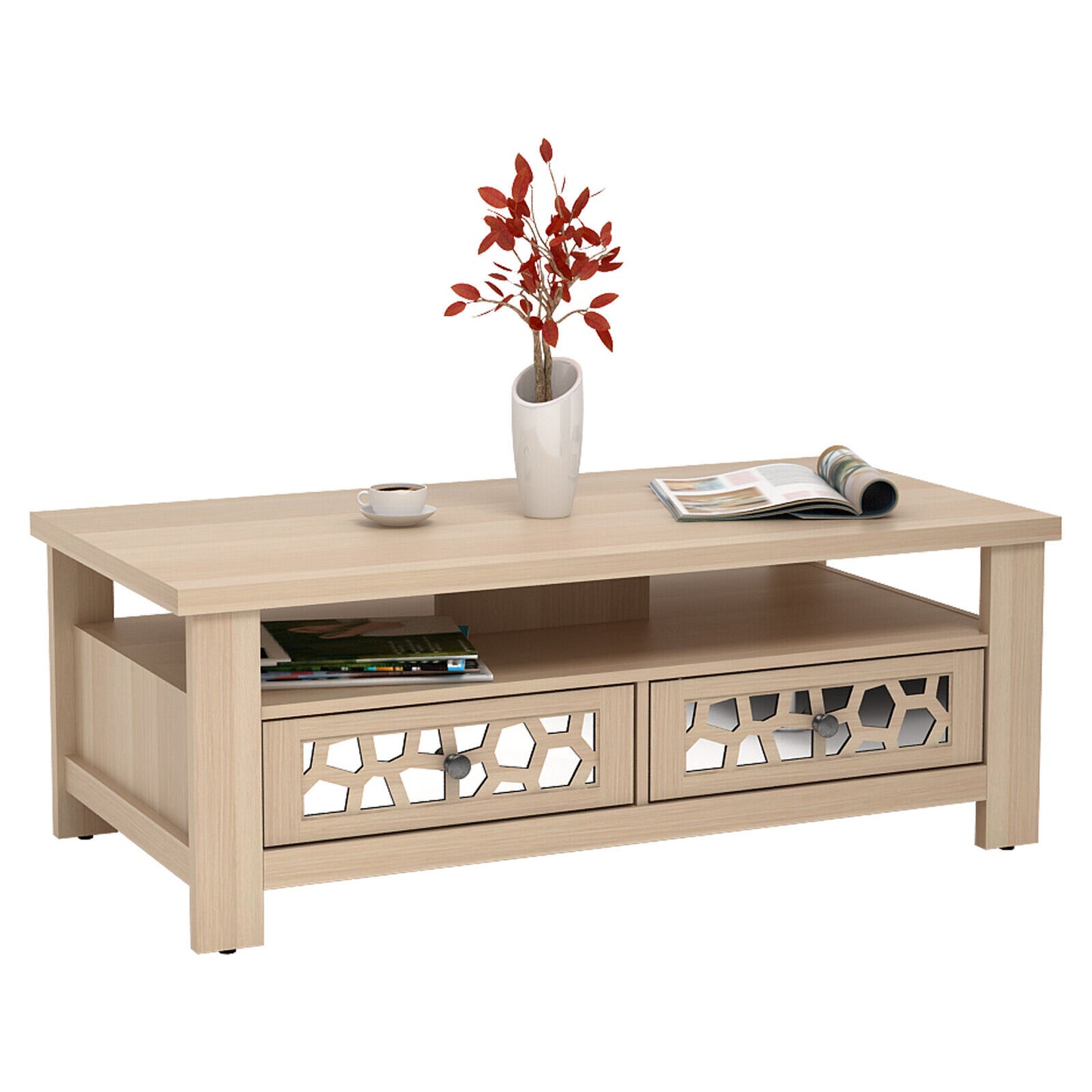 Wooden Coffee Table with 3 Levels, 2 Storage Drawers, and 5 Support Legs - Natural