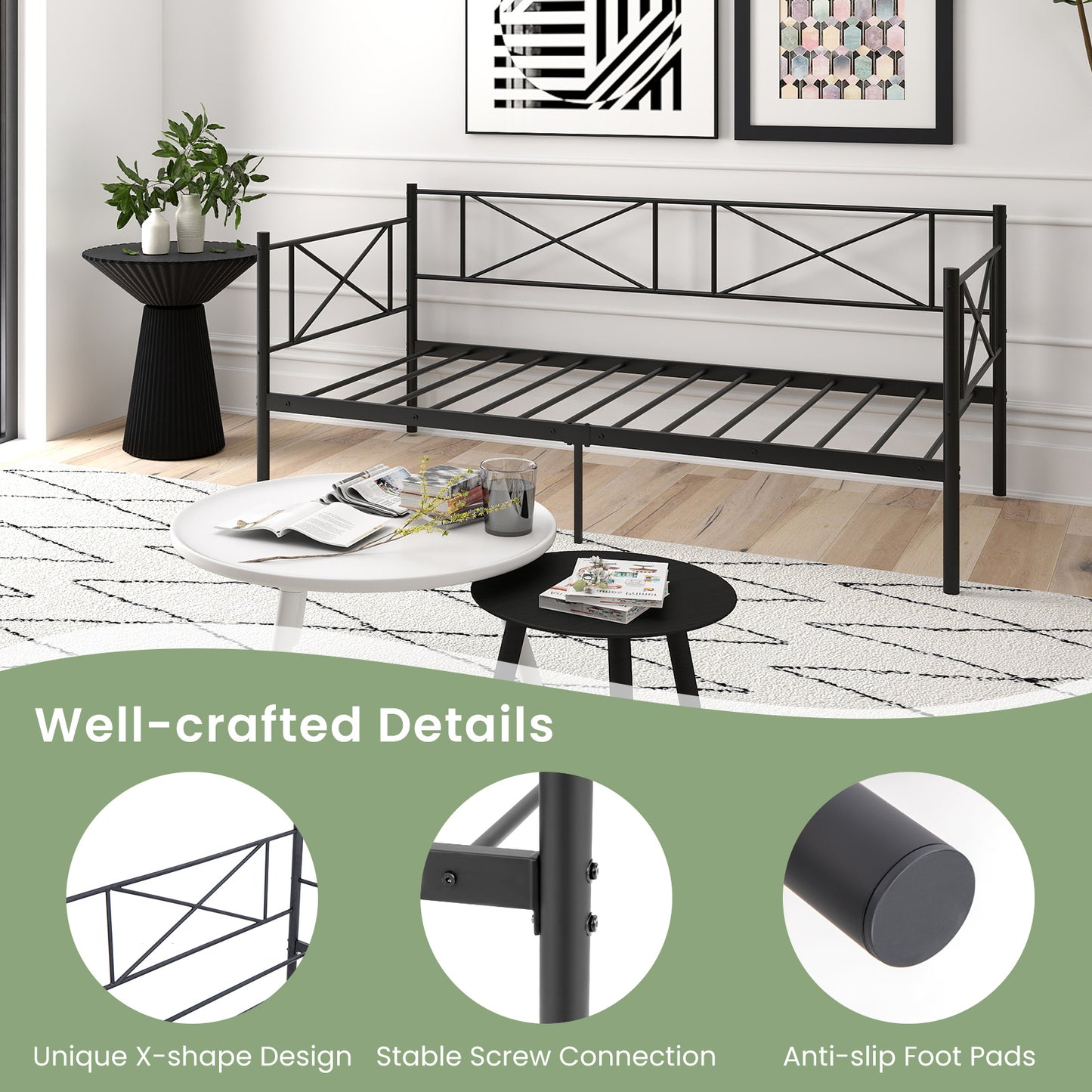 2-in-1 Twin Metal Daybed Sofa Bed with Strong Slat Support and Storage – Black & White