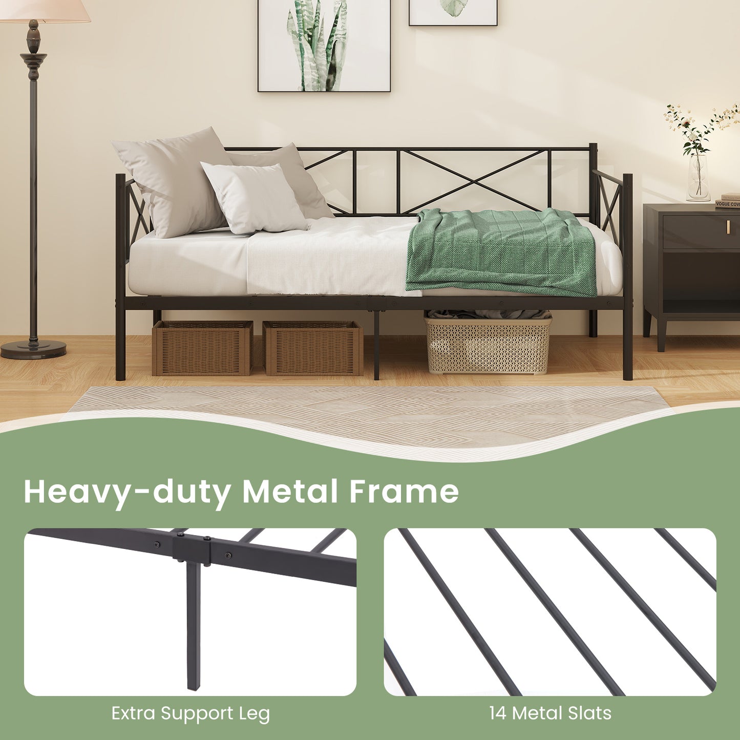 2-in-1 Twin Metal Daybed Sofa Bed with Strong Slat Support and Storage – Black & White