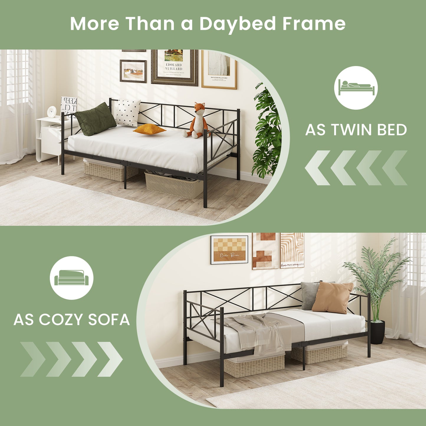 2-in-1 Twin Metal Daybed Sofa Bed with Strong Slat Support and Storage – Black & White