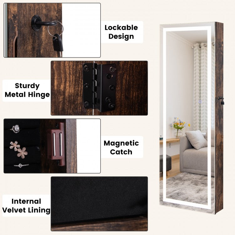 Jewelry Organizer Armoire with Full Length Mirror and Built In LED Lights Rustic Brown