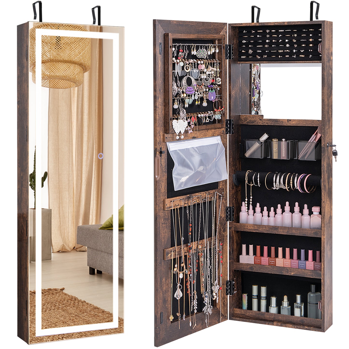 Jewelry Organizer Armoire with Full Length Mirror and Built In LED Lights Rustic Brown
