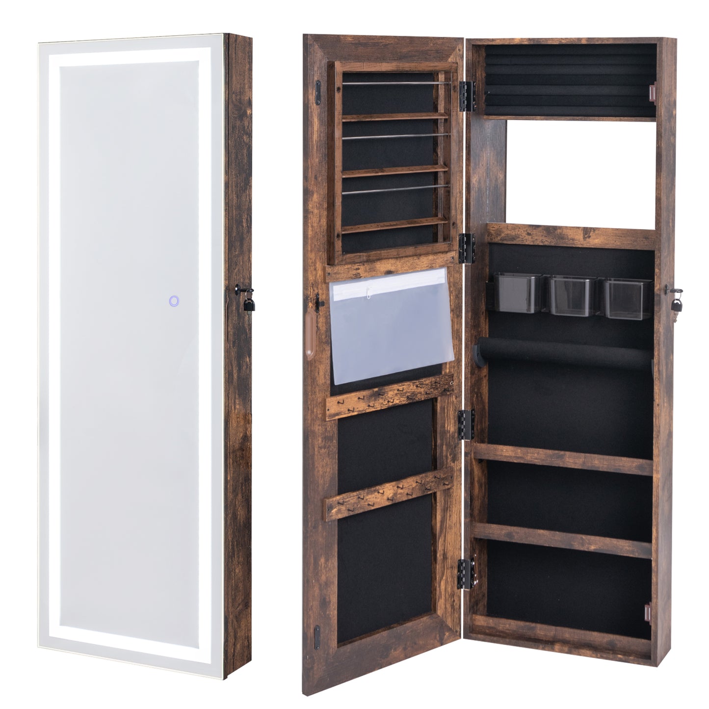 Jewelry Organizer Armoire with Full Length Mirror and Built In LED Lights Rustic Brown