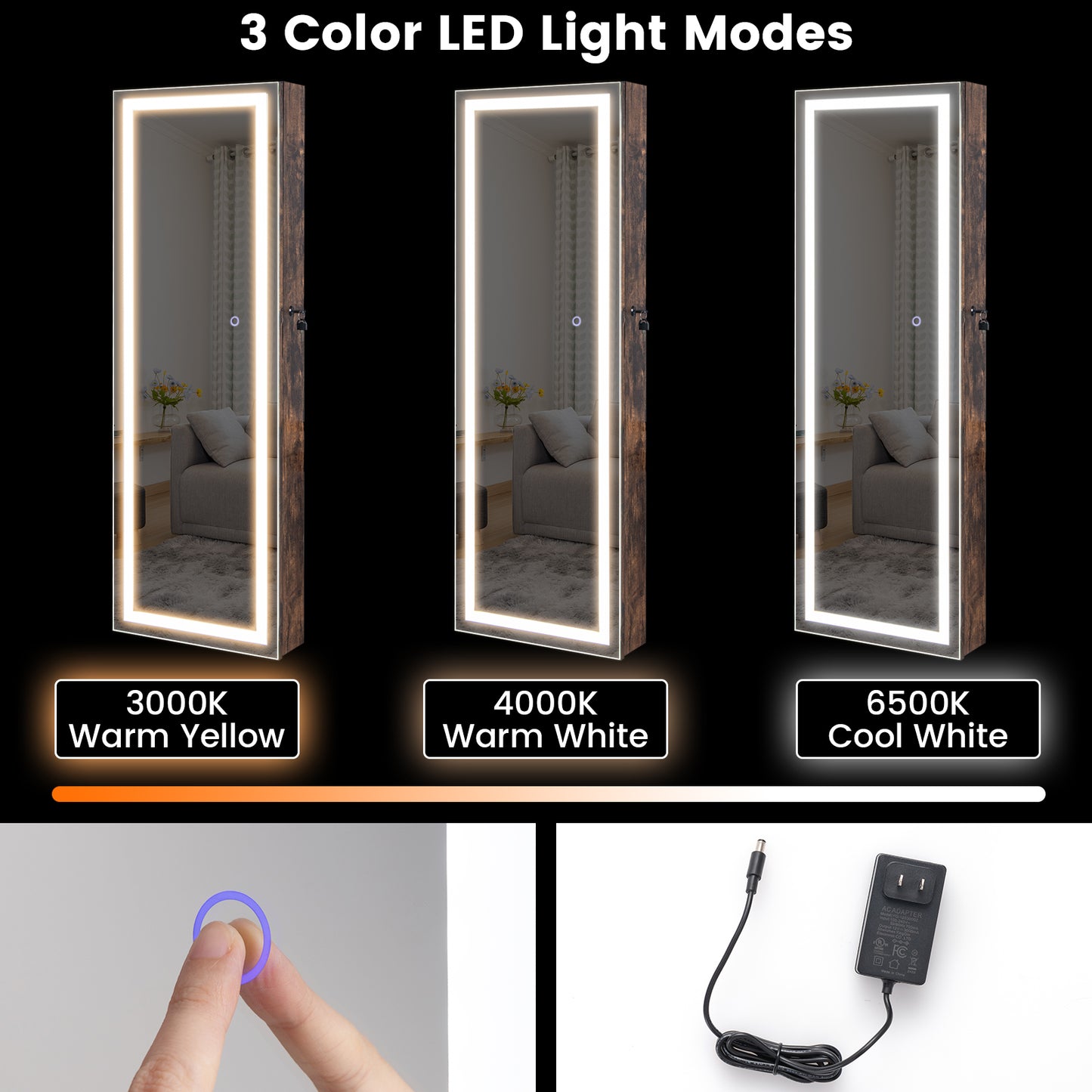 Jewelry Organizer Armoire with Full Length Mirror and Built In LED Lights Rustic Brown