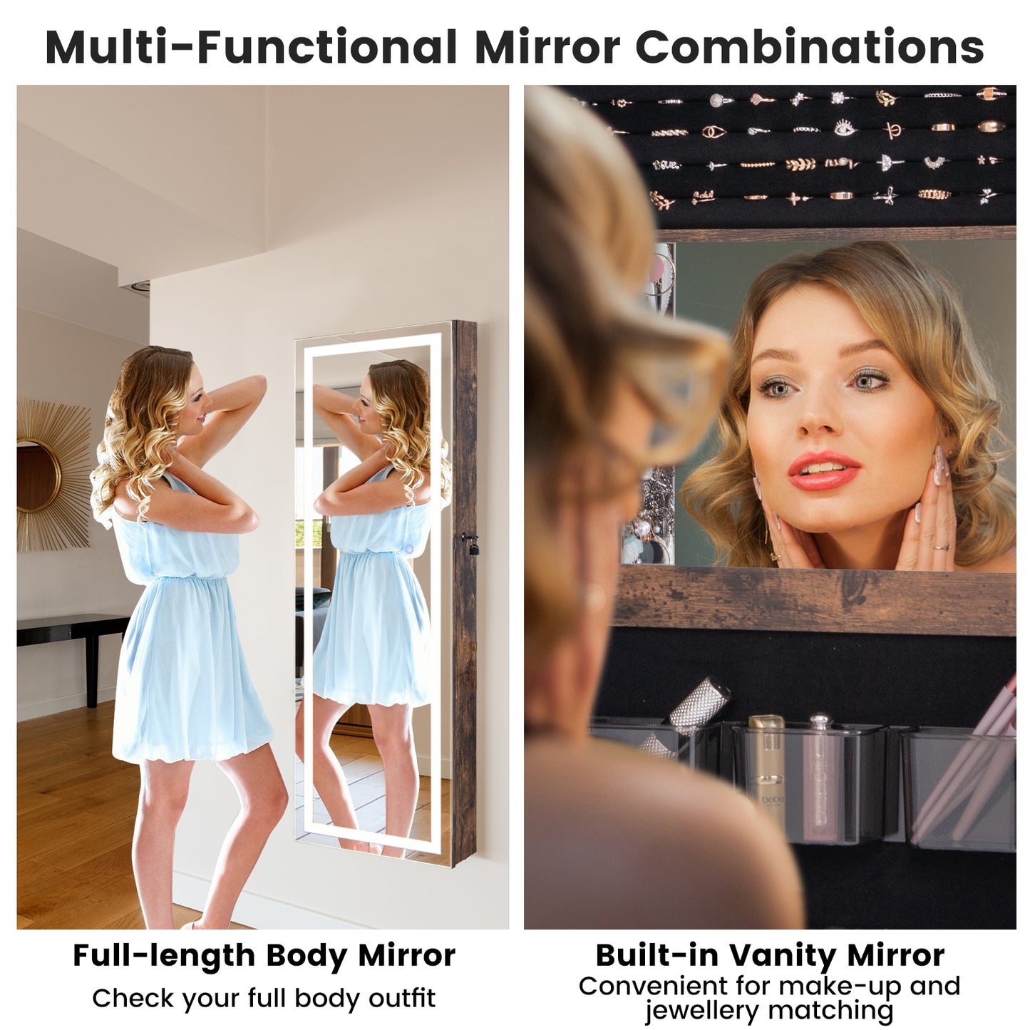 Jewelry Organizer Armoire with Full Length Mirror and Built In LED Lights Rustic Brown
