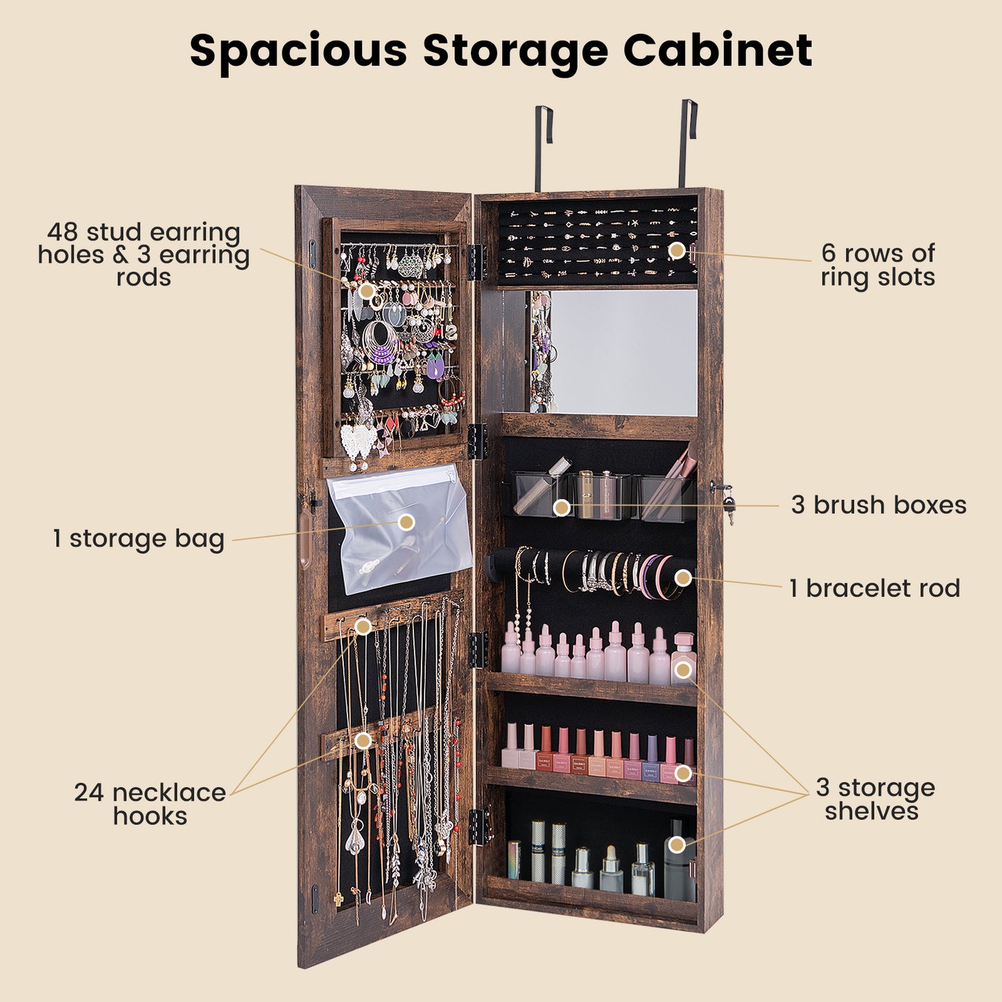 Jewelry Organizer Armoire with Full Length Mirror and Built In LED Lights Rustic Brown