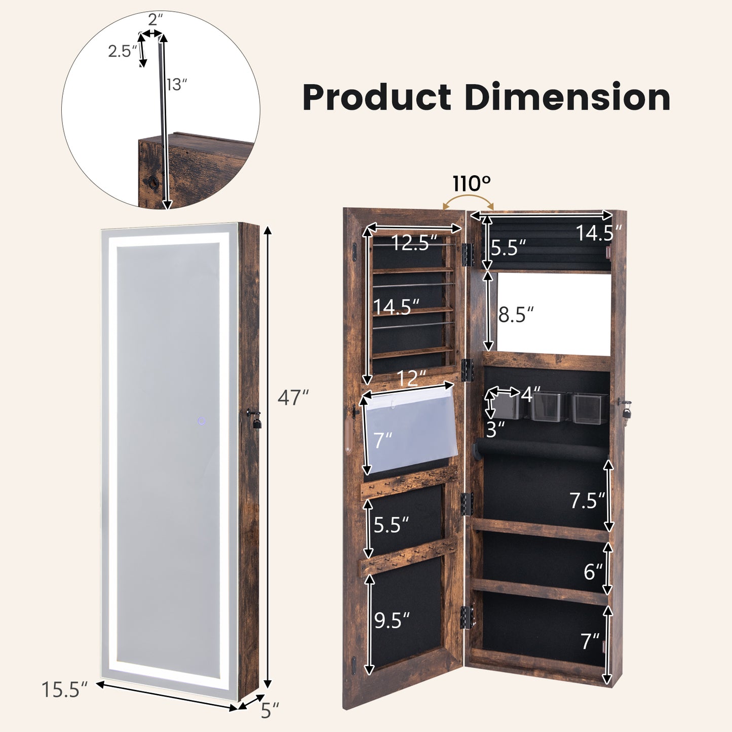 Jewelry Organizer Armoire with Full Length Mirror and Built In LED Lights Rustic Brown