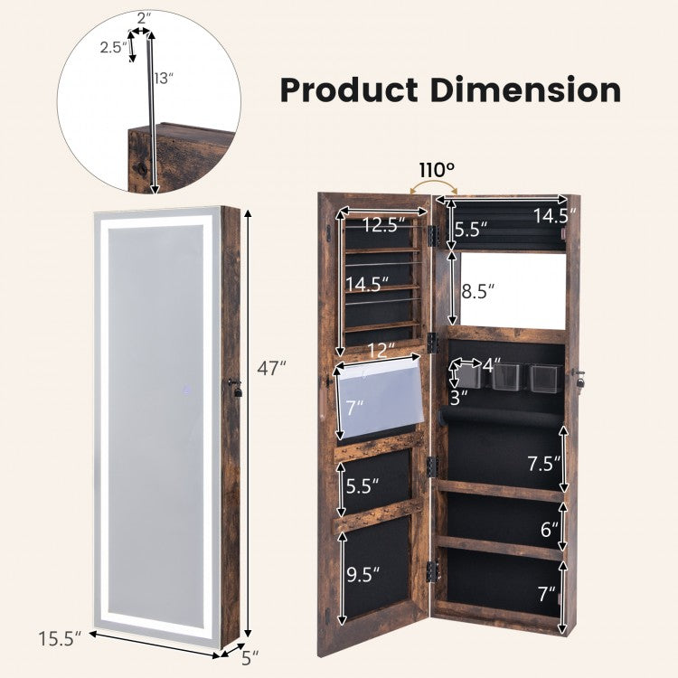 Jewelry Organizer Armoire with Full Length Mirror and Built In LED Lights Brown