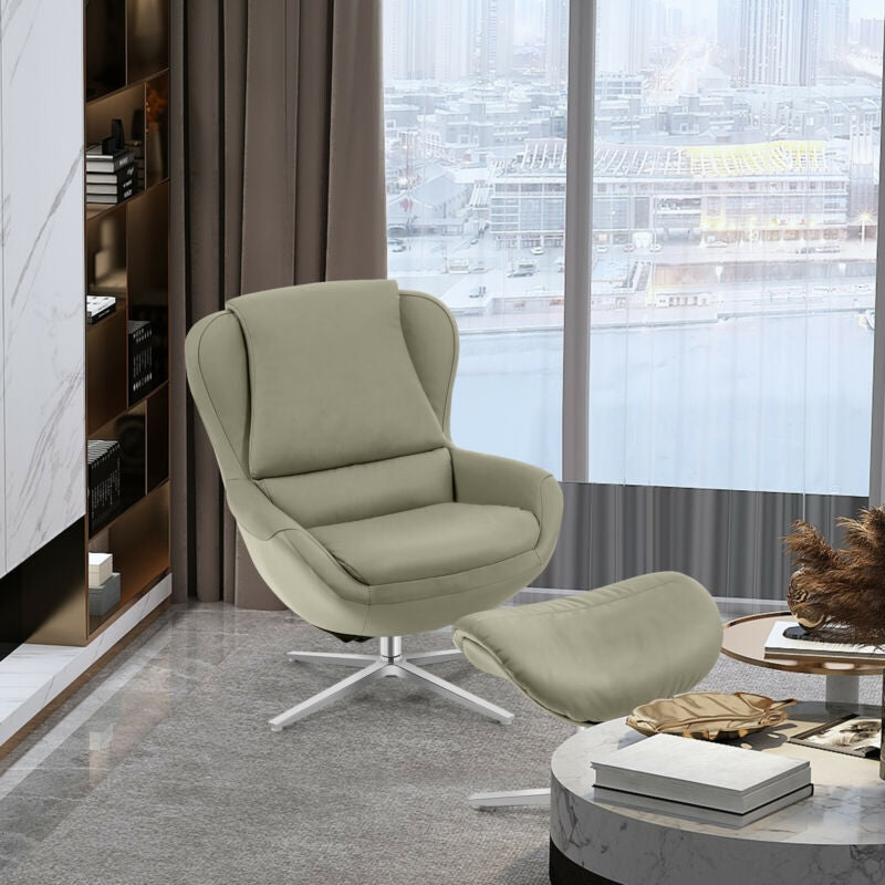 Ergonomic Swivel Leather Lounge Chair with Ottoman and Durable Aluminum Base - Grey