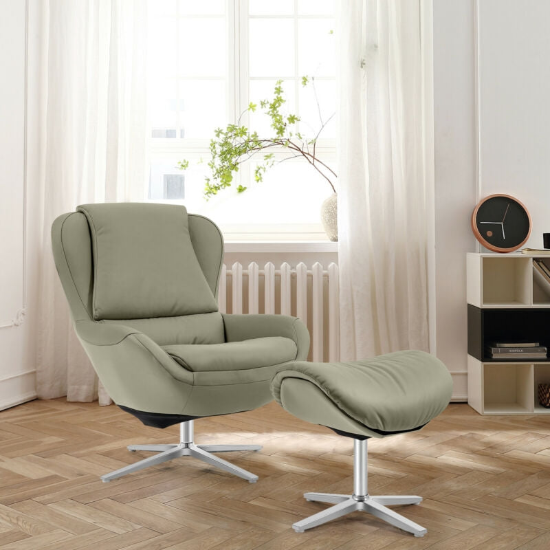 Ergonomic Swivel Leather Lounge Chair with Ottoman and Durable Aluminum Base - Grey