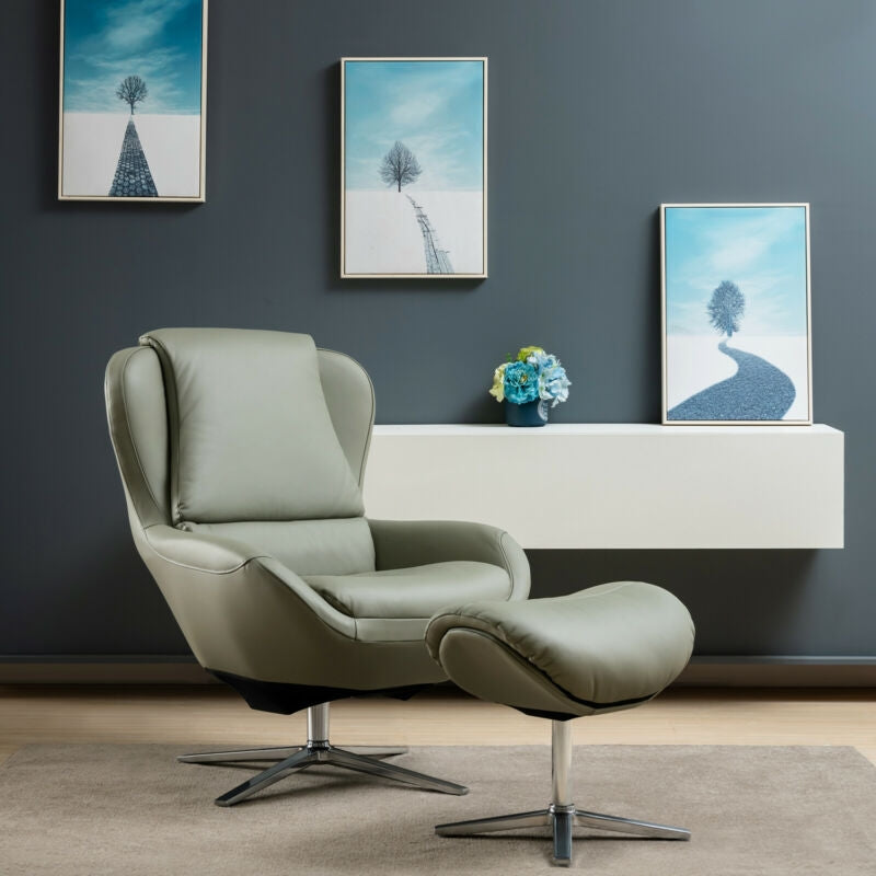 Ergonomic Swivel Leather Lounge Chair with Ottoman and Durable Aluminum Base - Grey