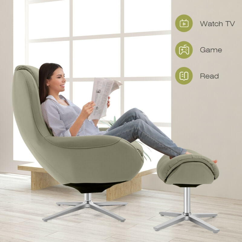 Ergonomic Swivel Leather Lounge Chair with Ottoman and Durable Aluminum Base - Grey