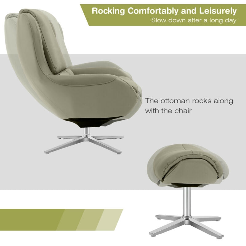 Ergonomic Swivel Leather Lounge Chair with Ottoman and Durable Aluminum Base - Grey