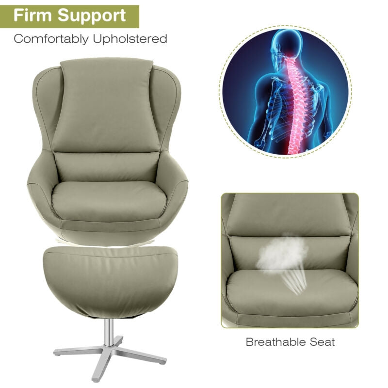 Ergonomic Swivel Leather Lounge Chair with Ottoman and Durable Aluminum Base - Grey