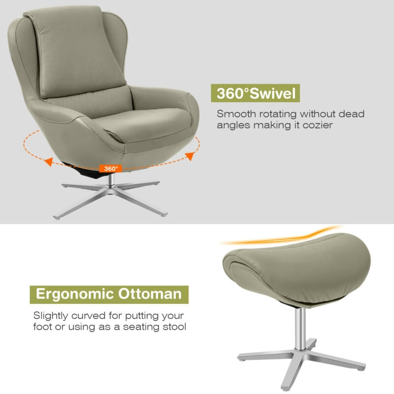 Ergonomic Swivel Leather Lounge Chair with Ottoman and Durable Aluminum Base - Grey