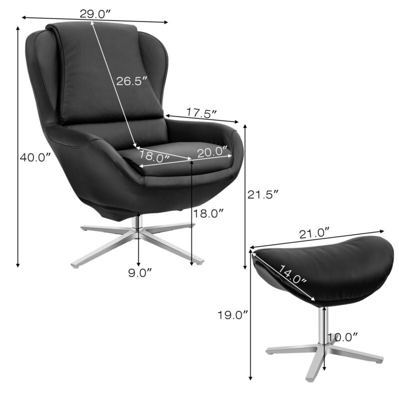 Ergonomic Swivel Leather Lounge Chair with Ottoman and Durable Aluminum Base - Black