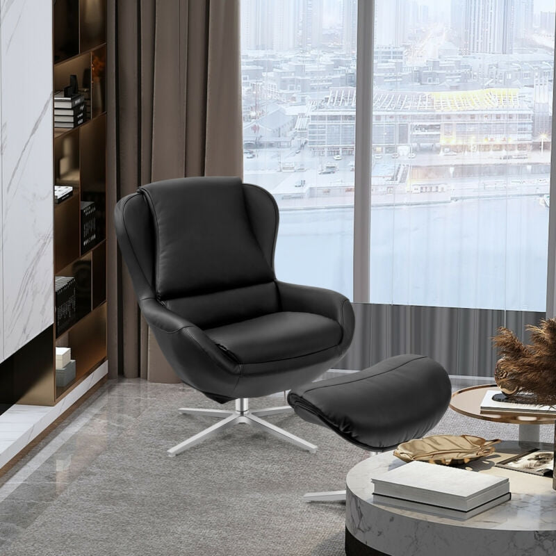 Ergonomic Swivel Leather Lounge Chair with Ottoman and Durable Aluminum Base - Black