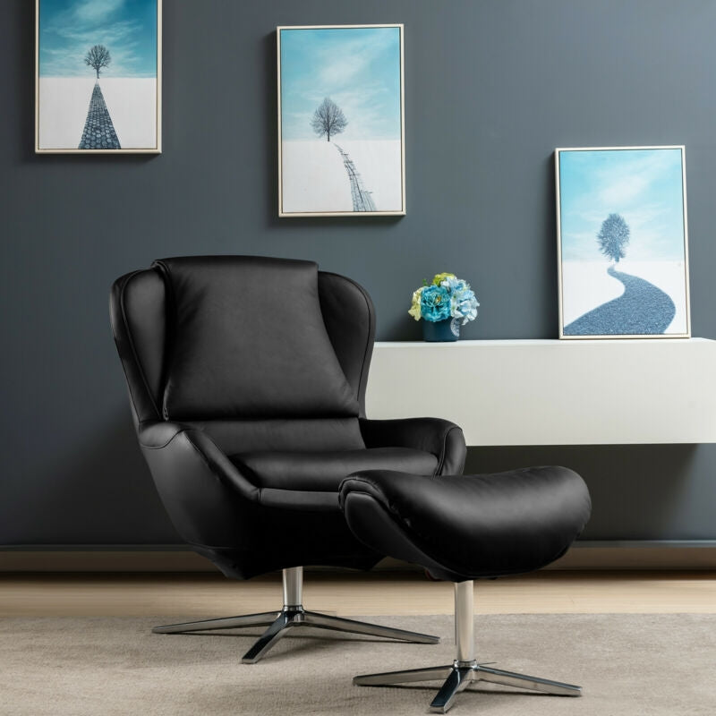 Ergonomic Swivel Leather Lounge Chair with Ottoman and Durable Aluminum Base - Black