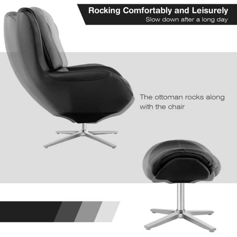 Ergonomic Swivel Leather Lounge Chair with Ottoman and Durable Aluminum Base - Black
