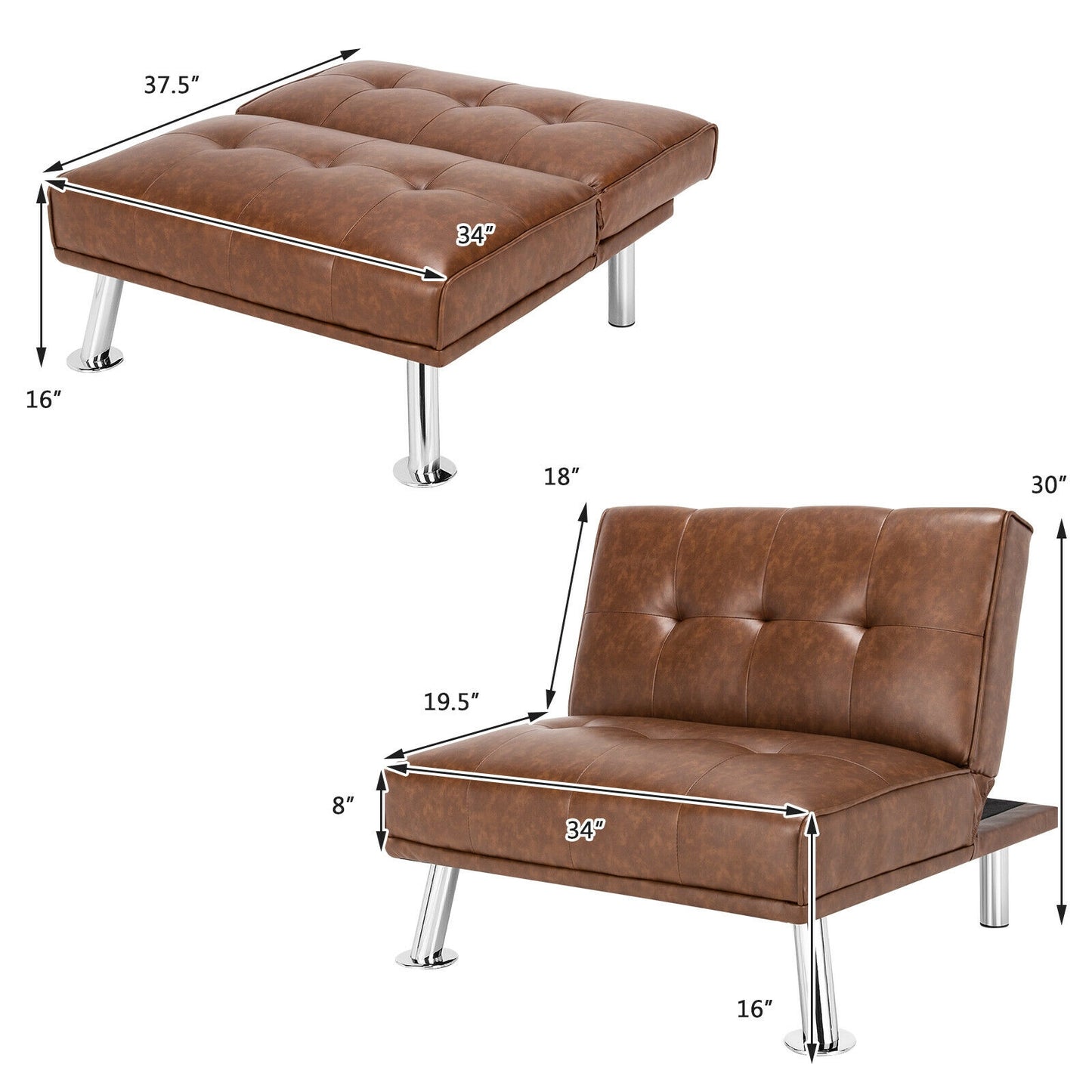 Adjustable PU Leather Single Sofa Chair with Folding Backrest and Metal Legs, Brown