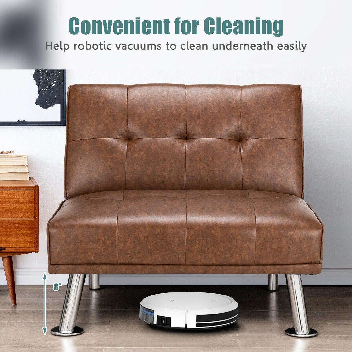 Adjustable PU Leather Single Sofa Chair with Folding Backrest and Metal Legs, Brown