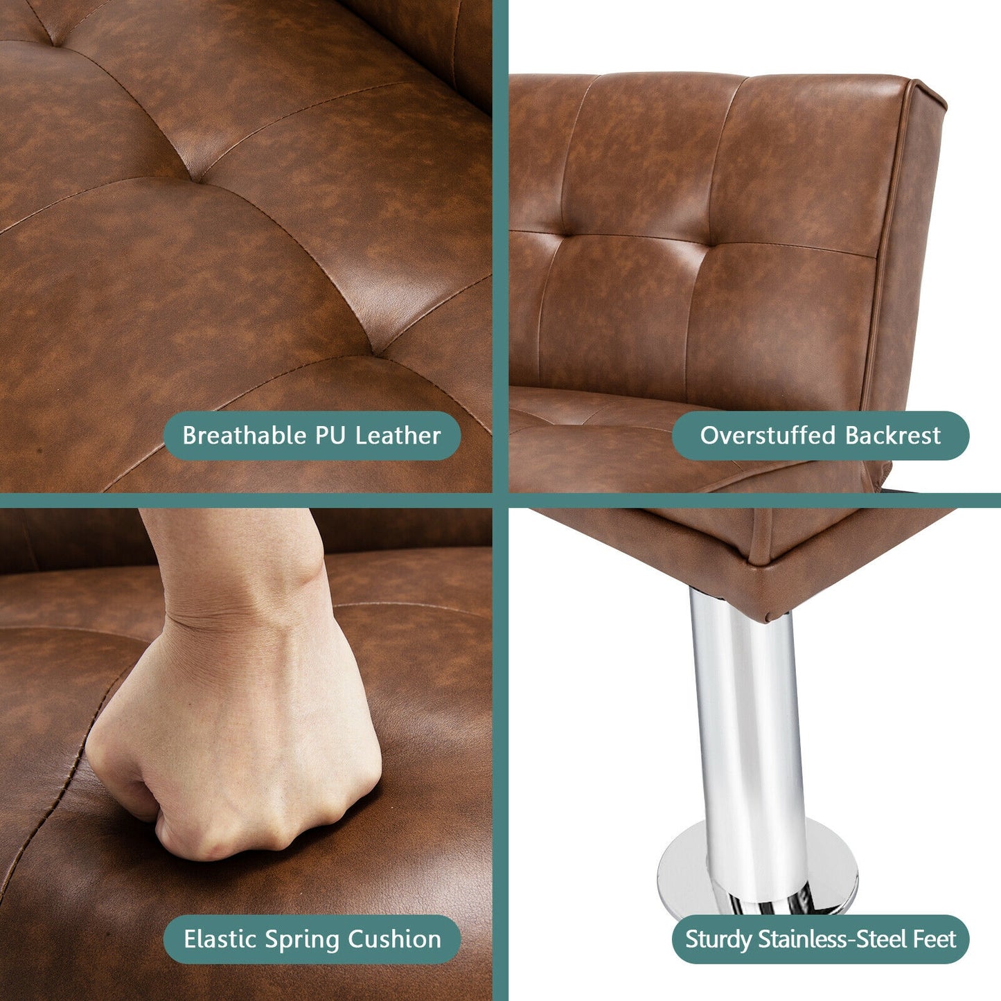 Adjustable PU Leather Single Sofa Chair with Folding Backrest and Metal Legs, Brown