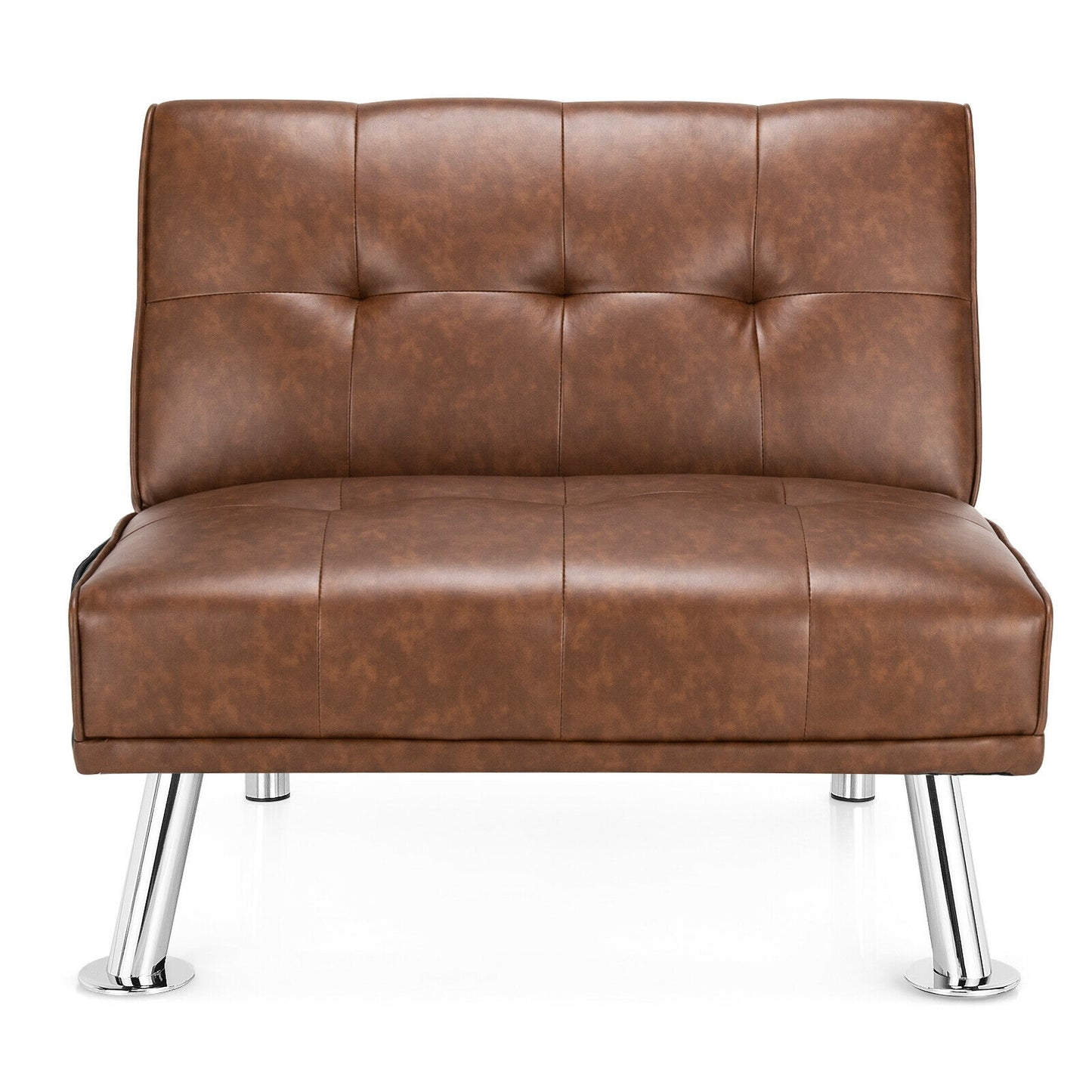 Adjustable PU Leather Single Sofa Chair with Folding Backrest and Metal Legs, Brown