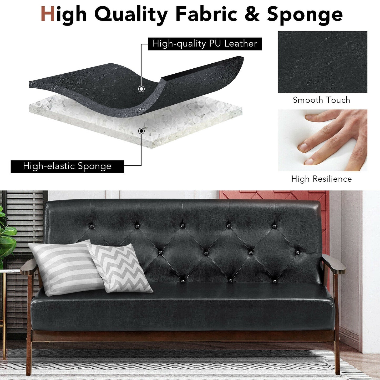 3-Seater PU Leather Sofa with Ergonomic Backrest and Solid Wood Legs