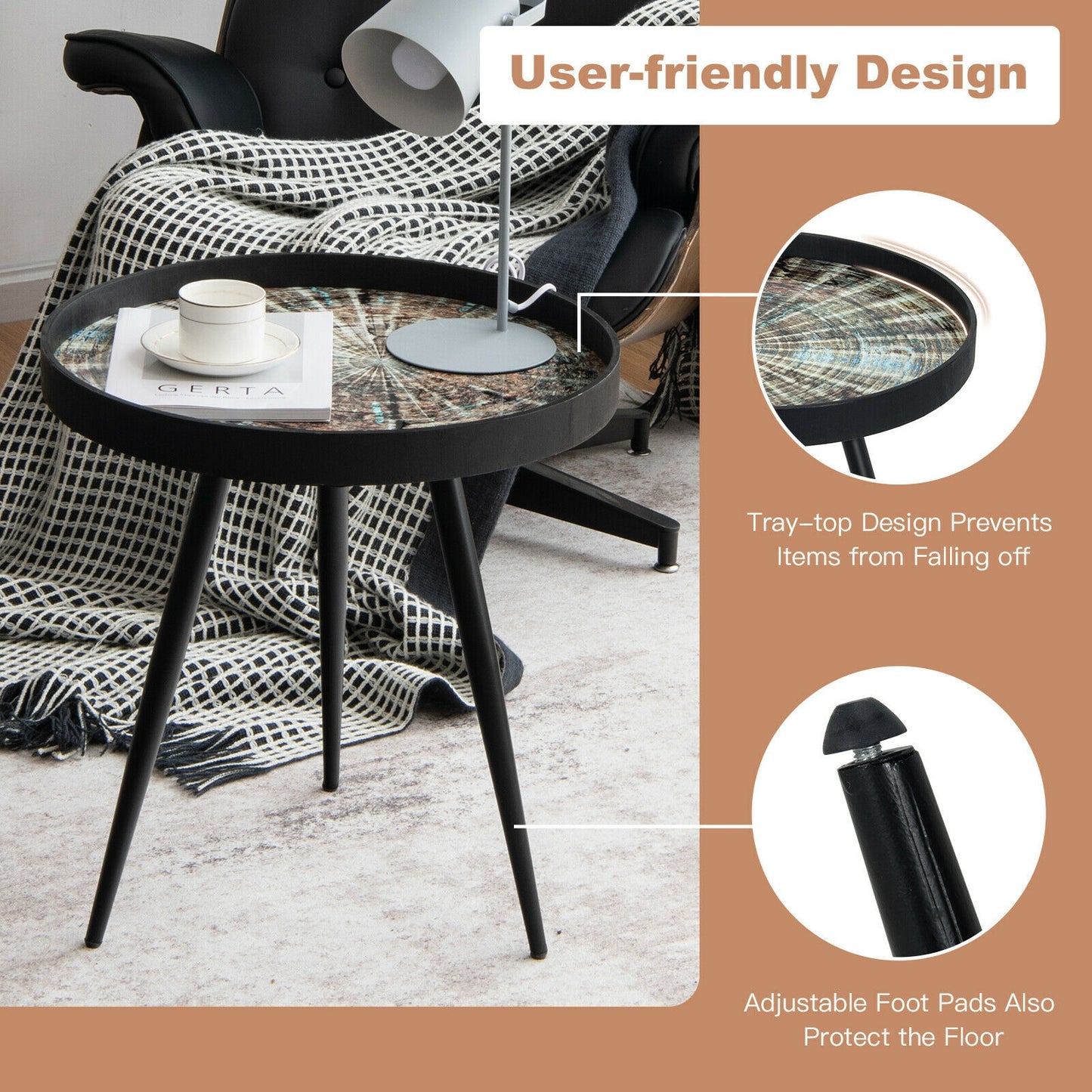 Stylish Round End Table with Wooden Tray Top and Steel Legs