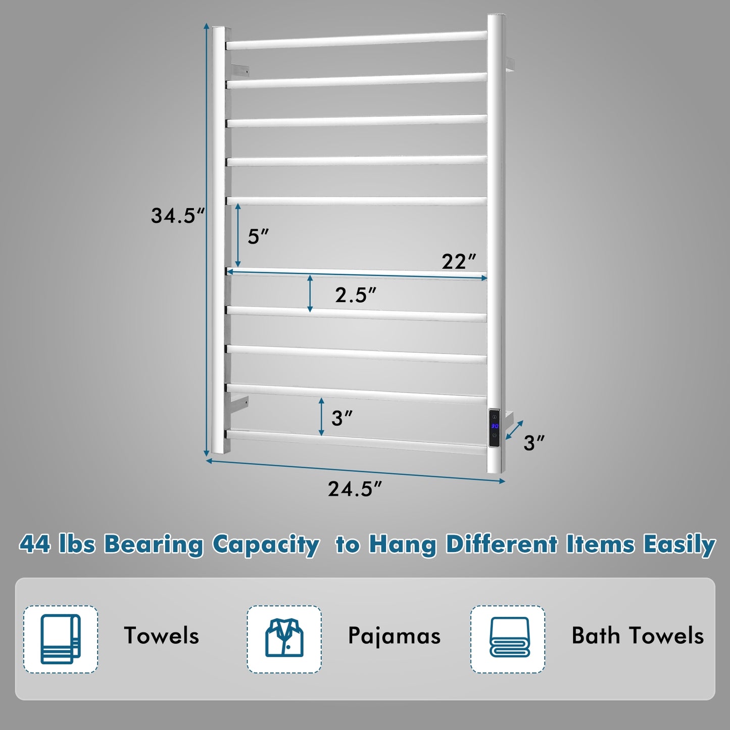10 Bar Wall-Mounted Electric Towel Warmer with Built-In Timer and Adjustable Temperature