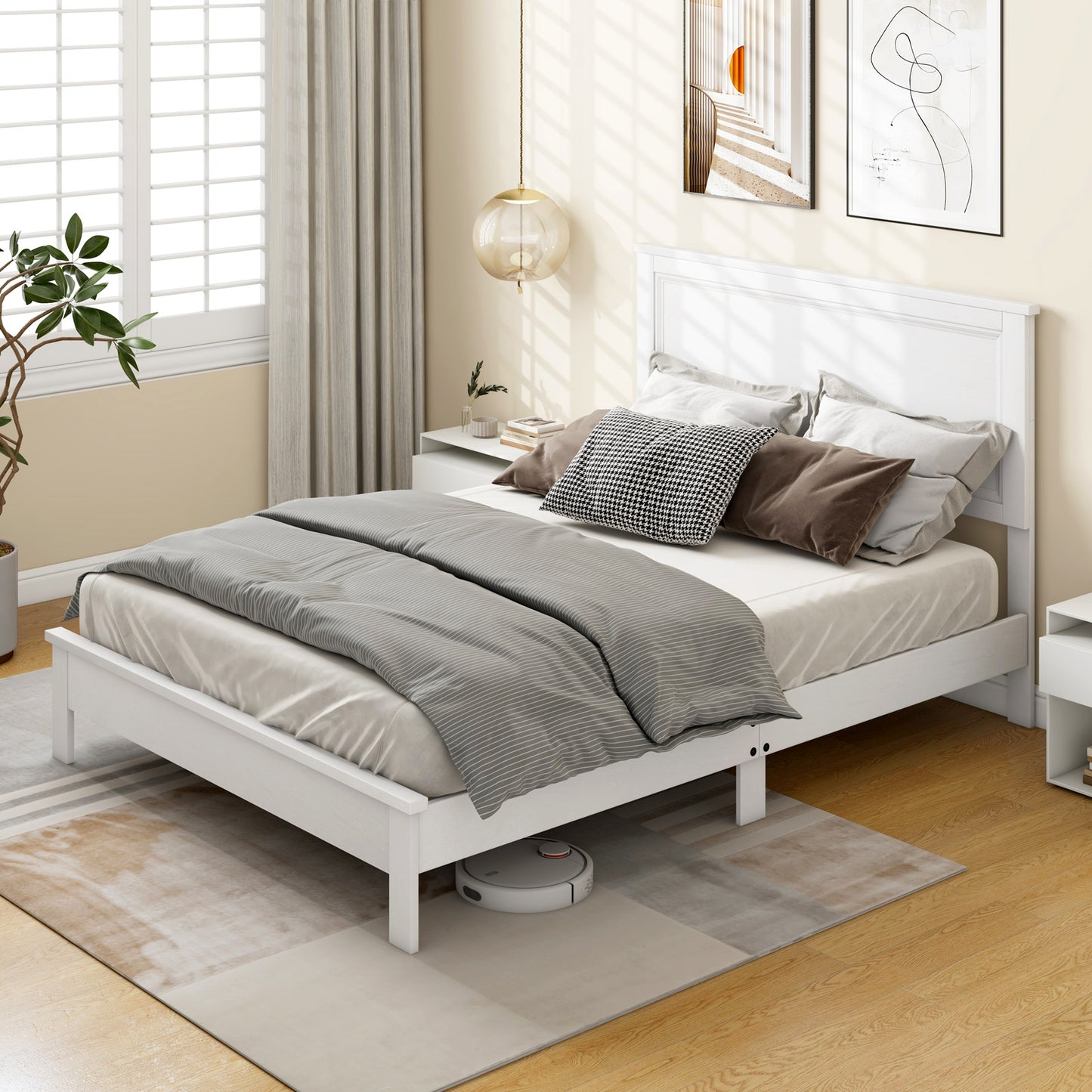 Premium Full Size Platform Bed Frame with High Headboard and Slatted Base – White