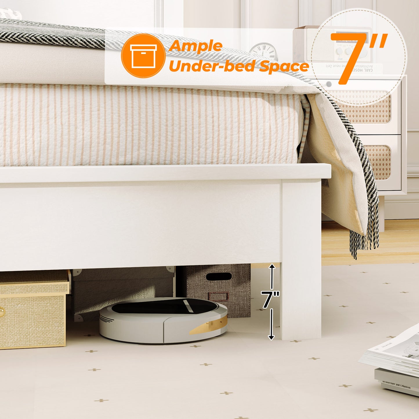 Premium Full Size Platform Bed Frame with High Headboard and Slatted Base – White