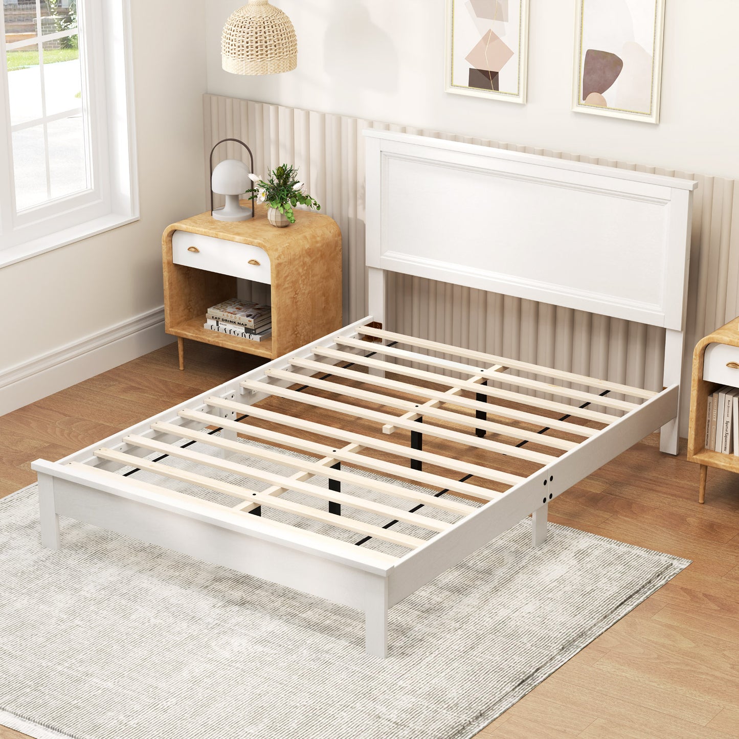 Premium Full Size Platform Bed Frame with High Headboard and Slatted Base – White