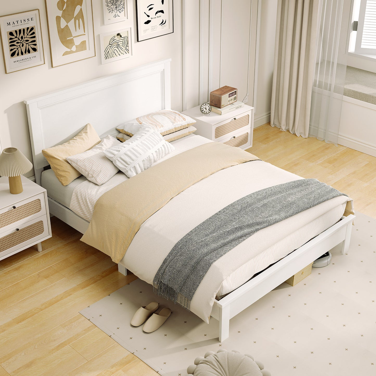 Premium Full Size Platform Bed Frame with High Headboard and Slatted Base – White