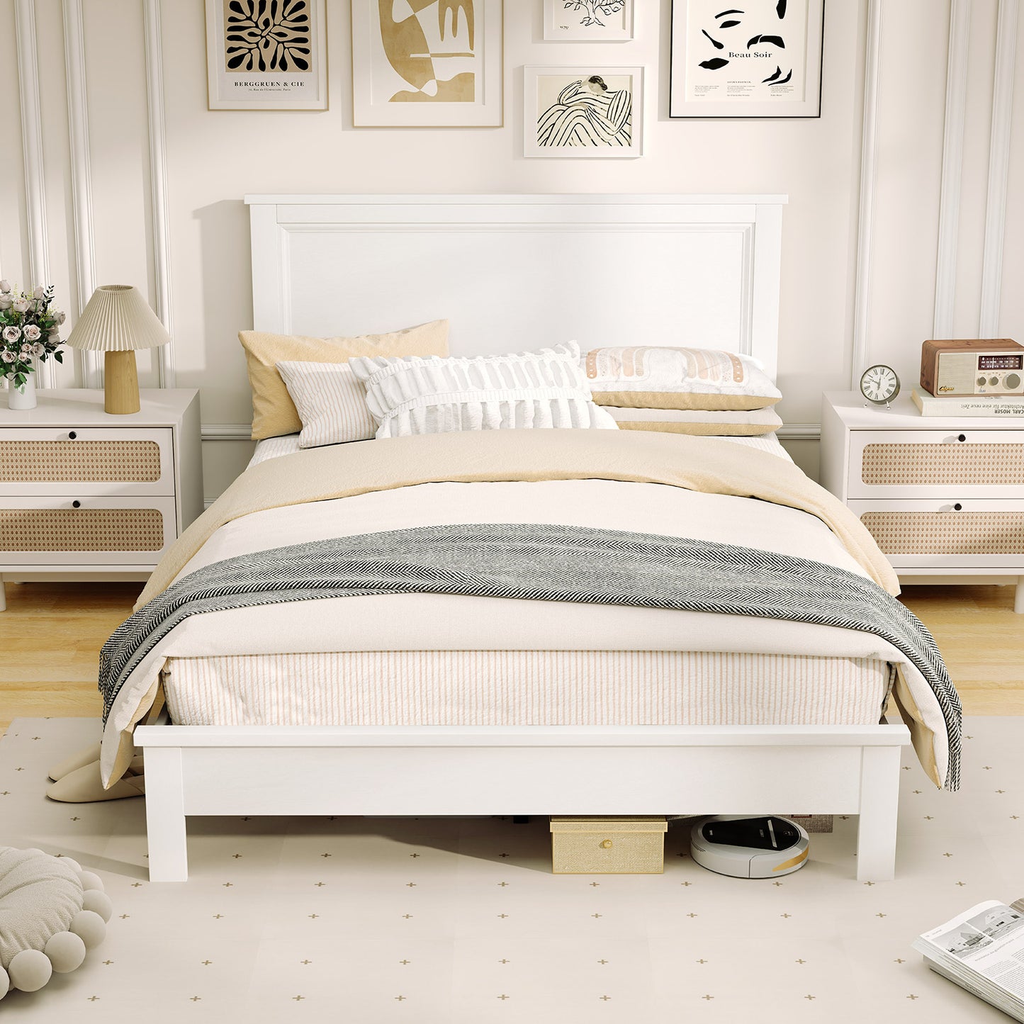 Premium Full Size Platform Bed Frame with High Headboard and Slatted Base – White