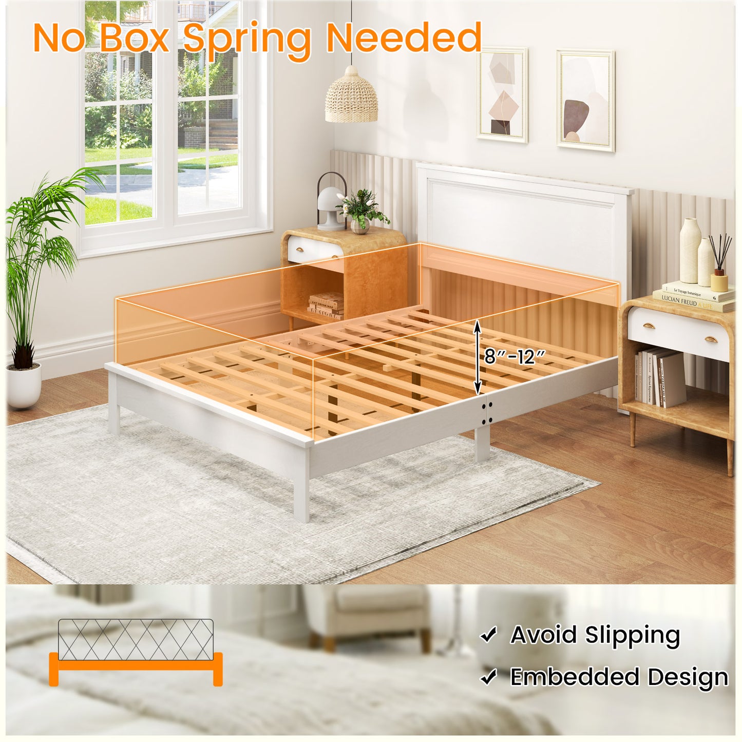 Premium Full Size Platform Bed Frame with High Headboard and Slatted Base – White