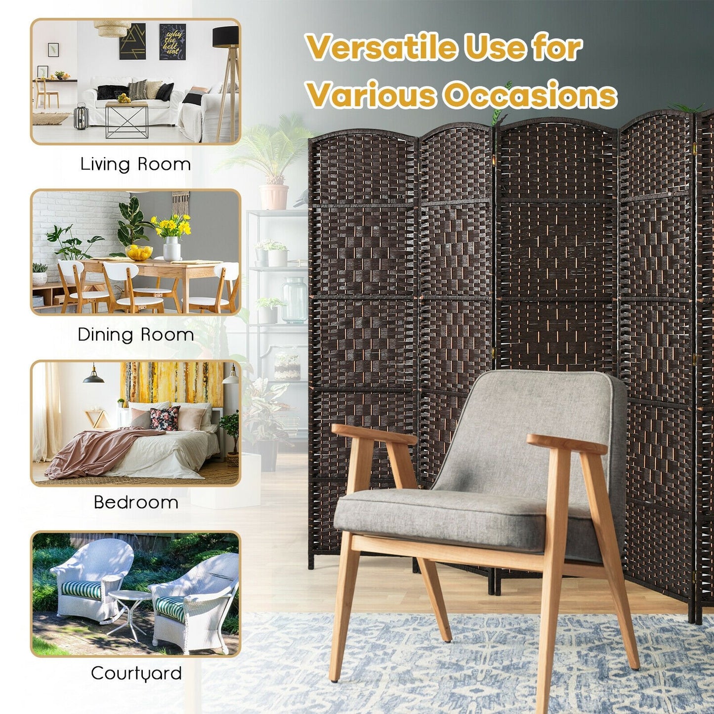 6.5ft 6 Panel Folding Room Divider Screen with Handwoven Fiber - Elegant Brown