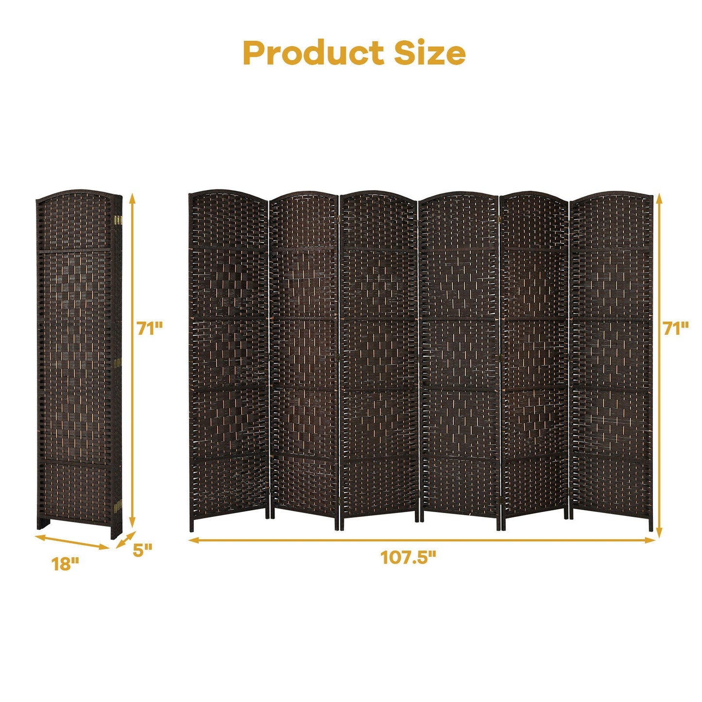 6.5ft 6 Panel Folding Room Divider Screen with Handwoven Fiber - Elegant Brown