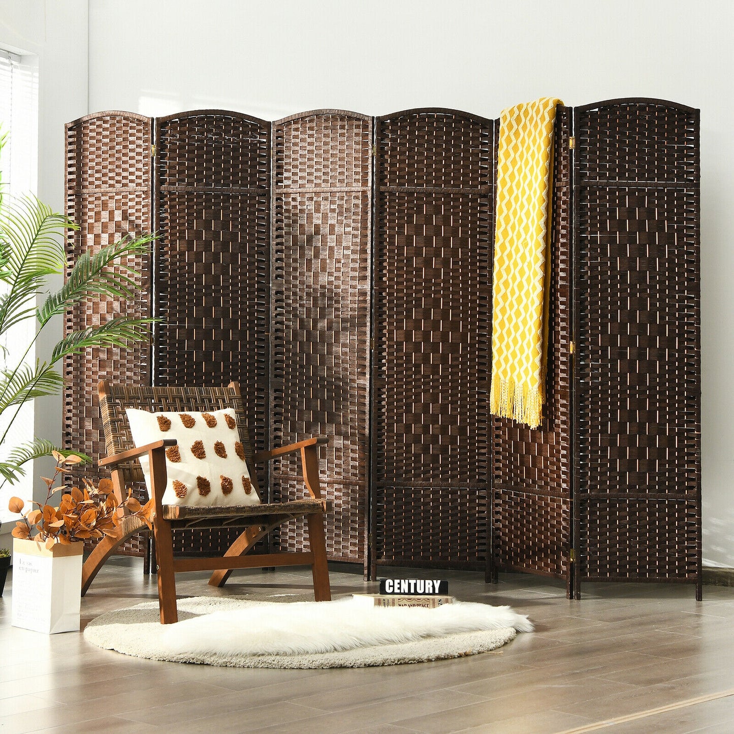 6.5ft 6 Panel Folding Room Divider Screen with Handwoven Fiber - Elegant Brown