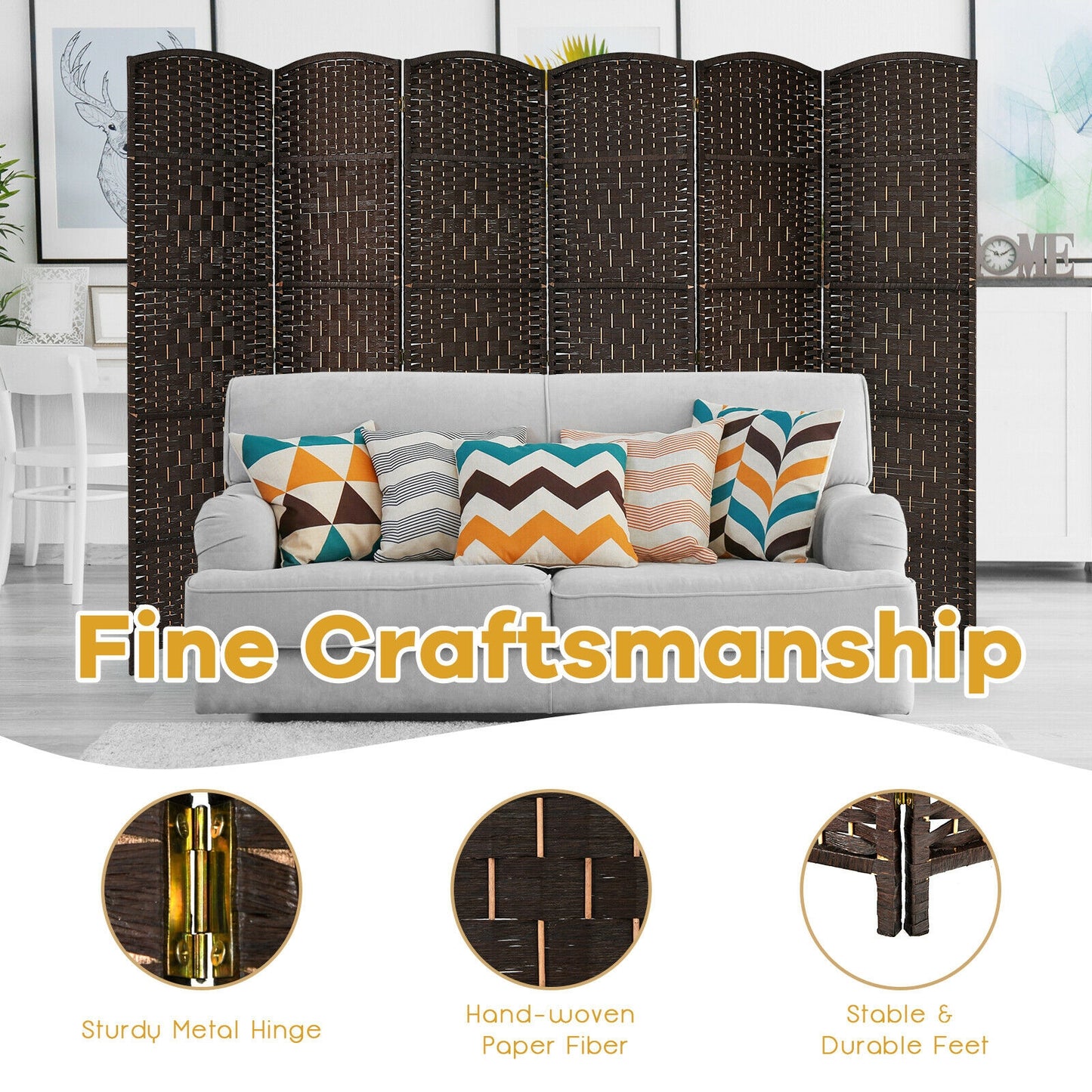 6.5ft 6 Panel Folding Room Divider Screen with Handwoven Fiber - Elegant Brown