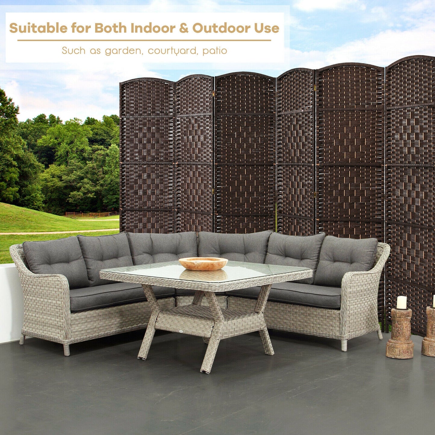 6.5ft 6 Panel Folding Room Divider Screen with Handwoven Fiber - Elegant Brown