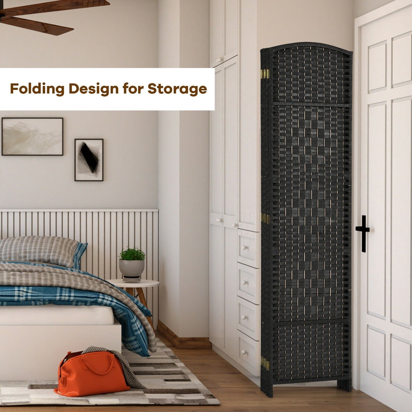 6.5ft 6 Panel Folding Room Divider Screen with Handwoven Fiber - Elegant Black