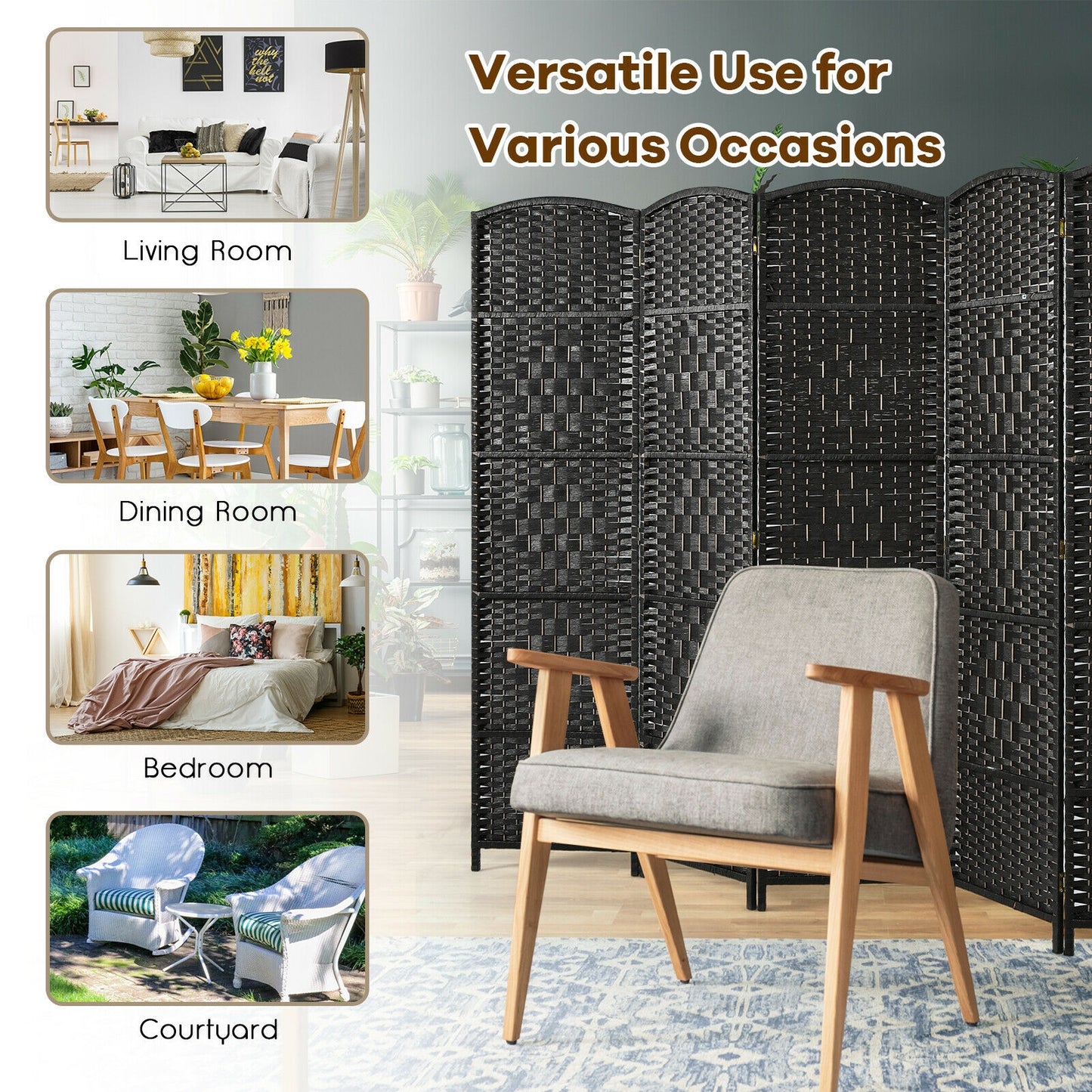 6.5ft 6 Panel Folding Room Divider Screen with Handwoven Fiber - Elegant Black