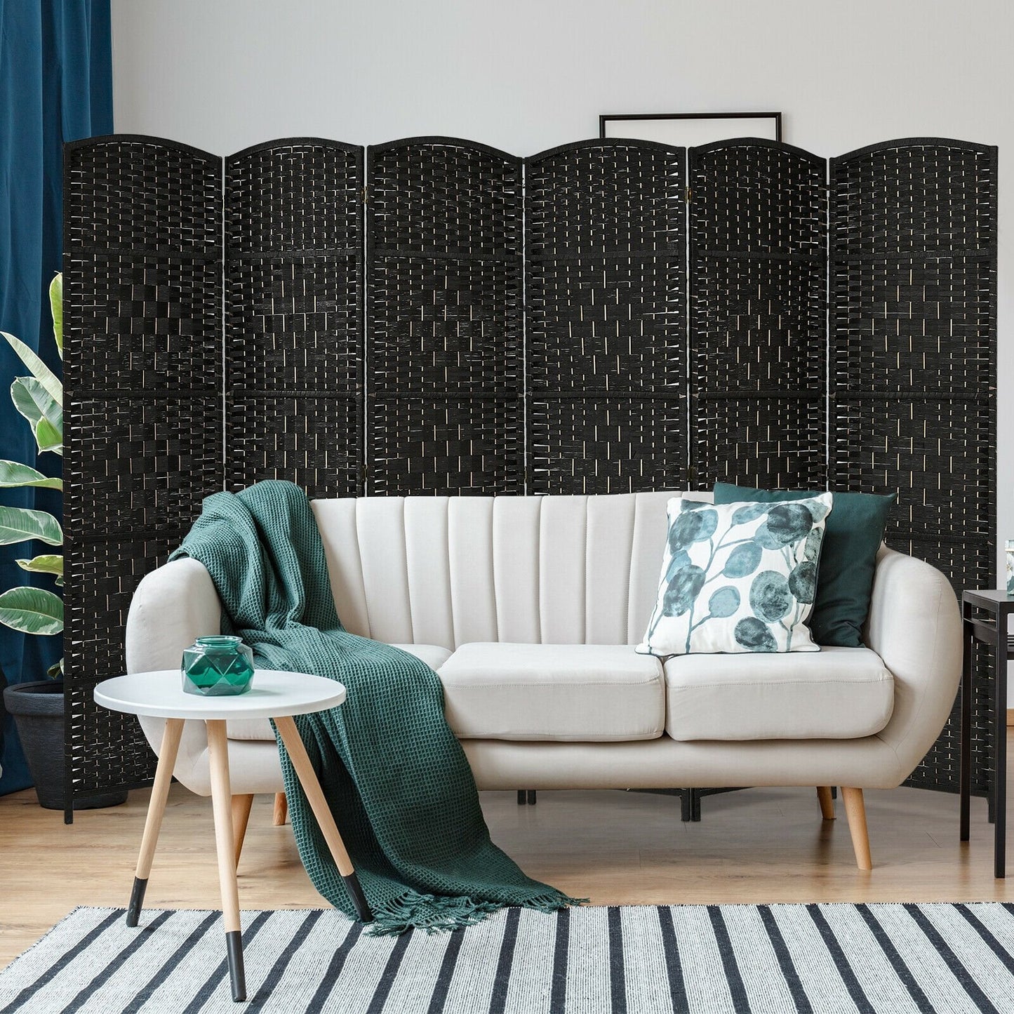 6.5ft 6 Panel Folding Room Divider Screen with Handwoven Fiber - Elegant Black