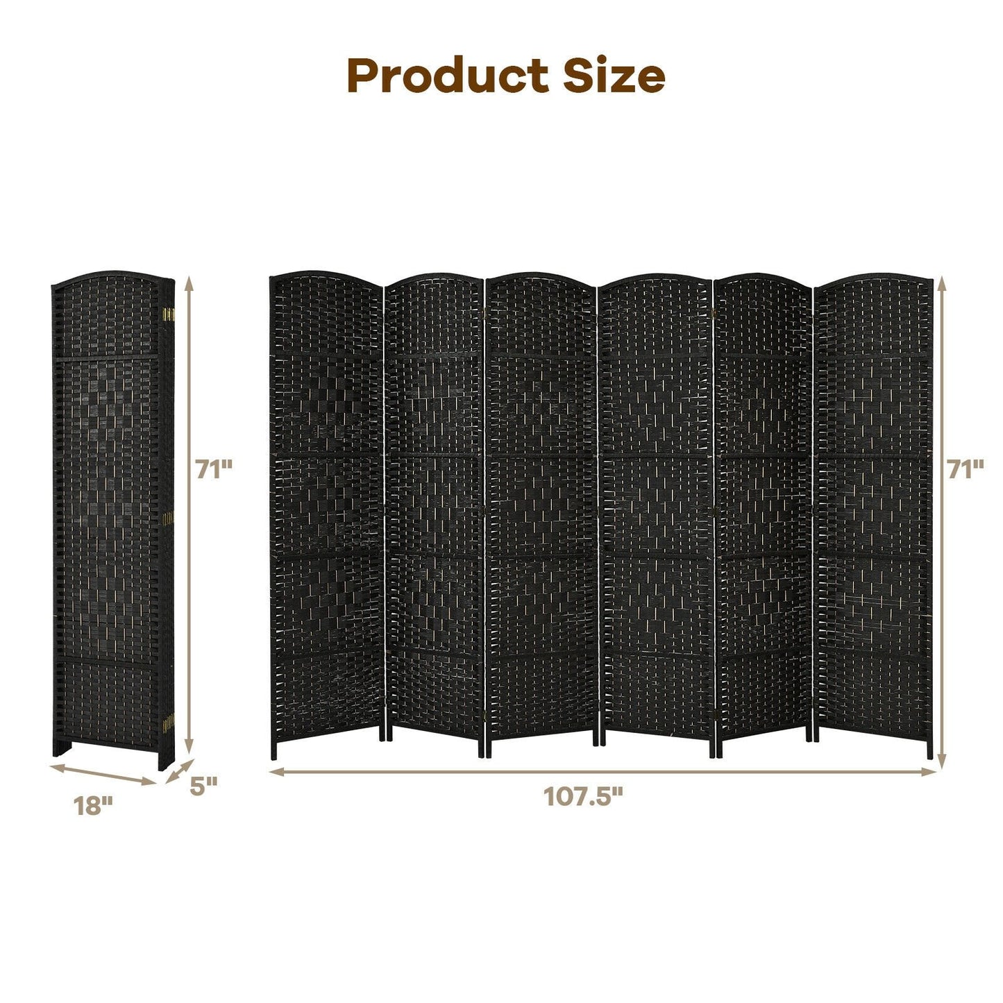 6.5ft 6 Panel Folding Room Divider Screen with Handwoven Fiber - Elegant Black