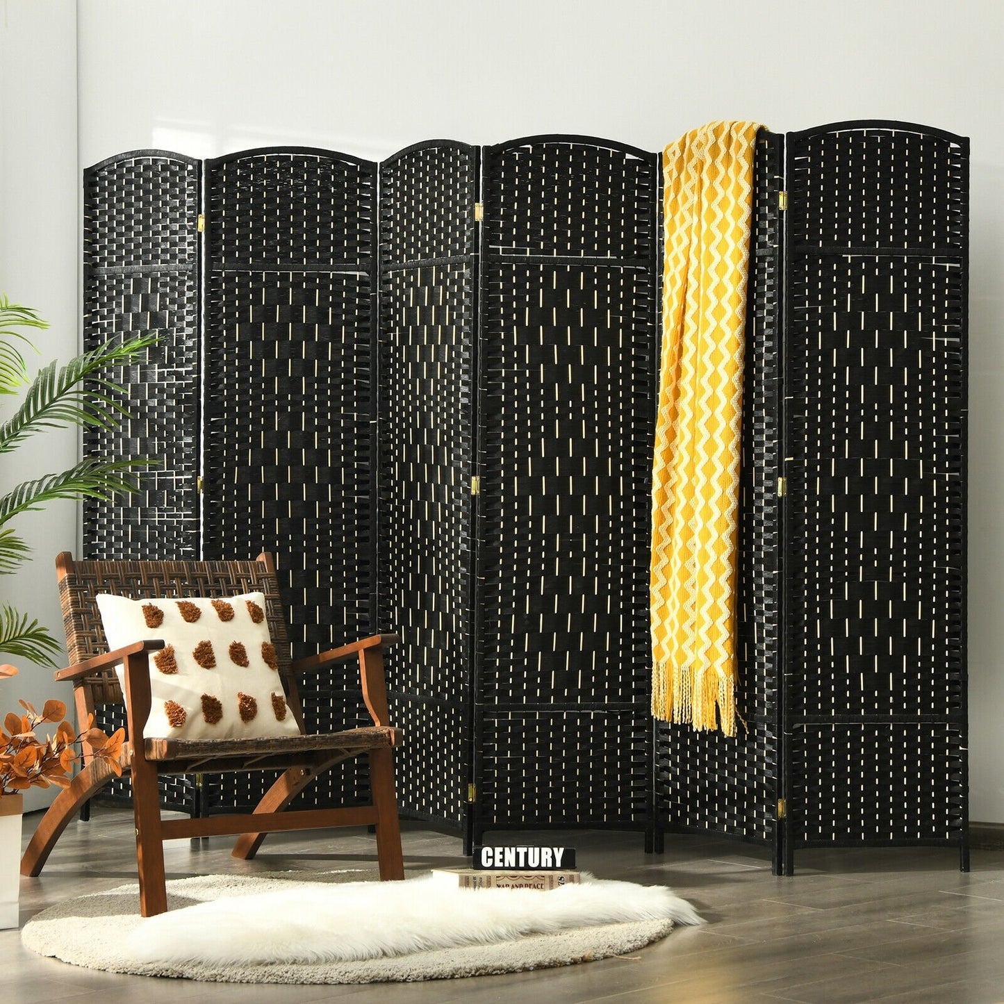 6.5ft 6 Panel Folding Room Divider Screen with Handwoven Fiber - Elegant Black
